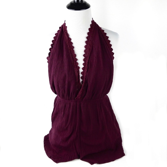 Kendall & Kylie Pants - Kendall & Kylie Bordeaux Romper w/ Crochet V-Neck